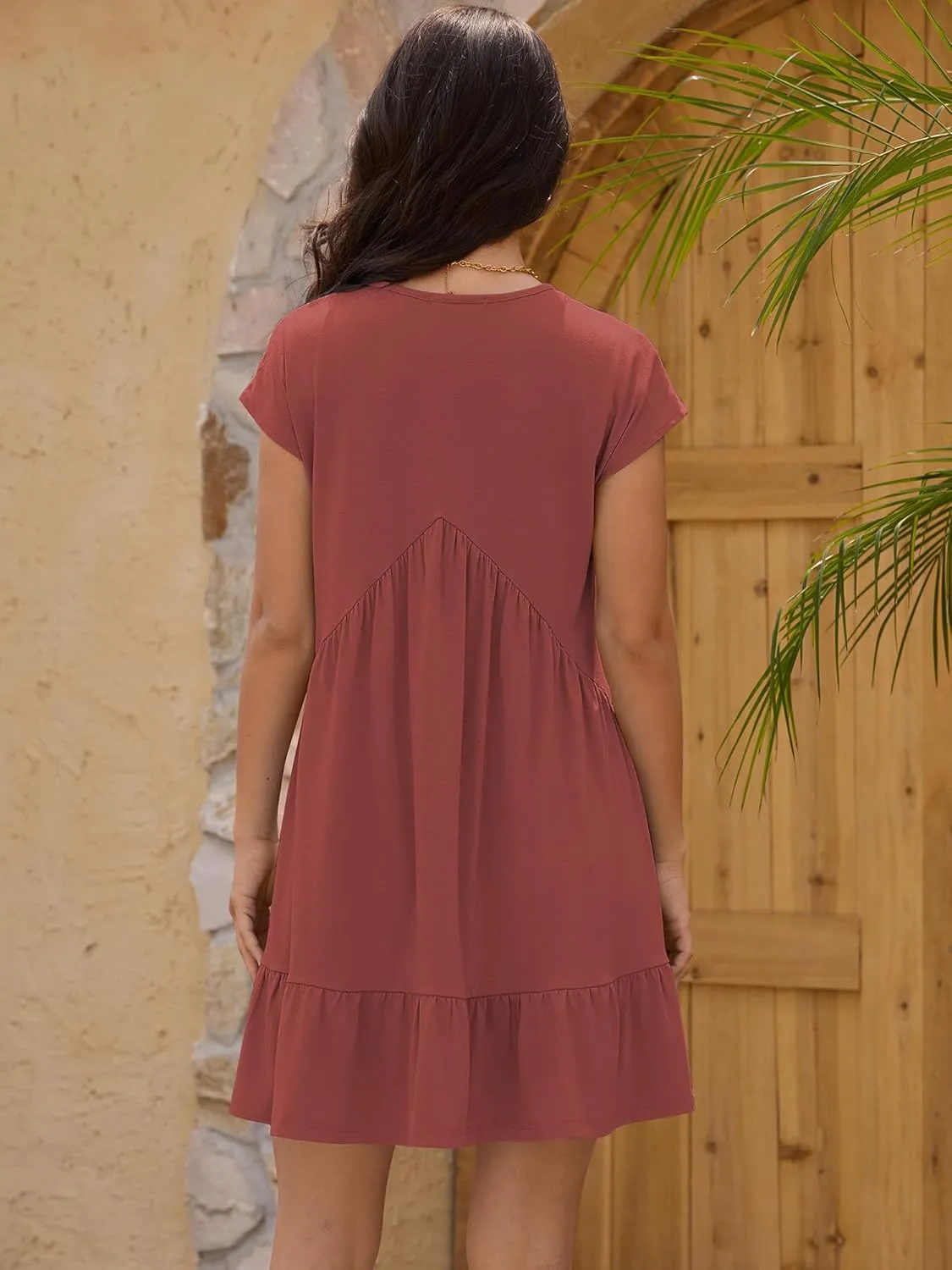 ZAFUL Women's T Shirt Dress V Neck Summer Casual Ruffle Short Sleeve Swing Dresses