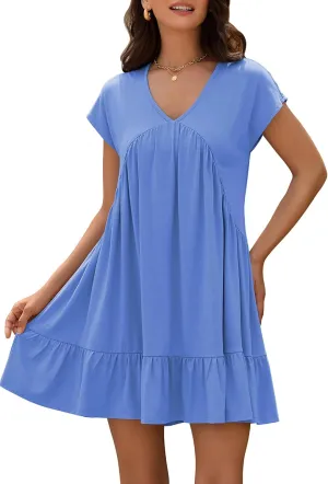 ZAFUL Women's T Shirt Dress V Neck Summer Casual Ruffle Short Sleeve Swing Dresses
