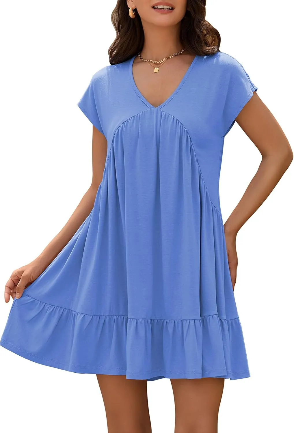 ZAFUL Women's T Shirt Dress V Neck Summer Casual Ruffle Short Sleeve Swing Dresses