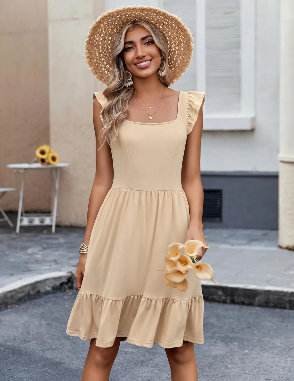 Zeagoo Boho Mini A-line Dress 2025 Womens Summer Dress Casual Ruffle Tiered Floral Square Neck Sundresses Beach with Pockets