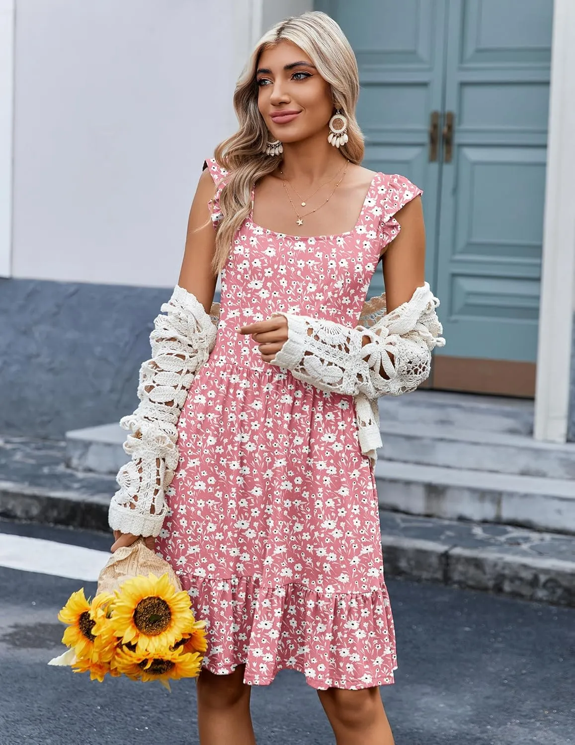 Zeagoo Boho Mini A-line Dress 2025 Womens Summer Dress Casual Ruffle Tiered Floral Square Neck Sundresses Beach with Pockets