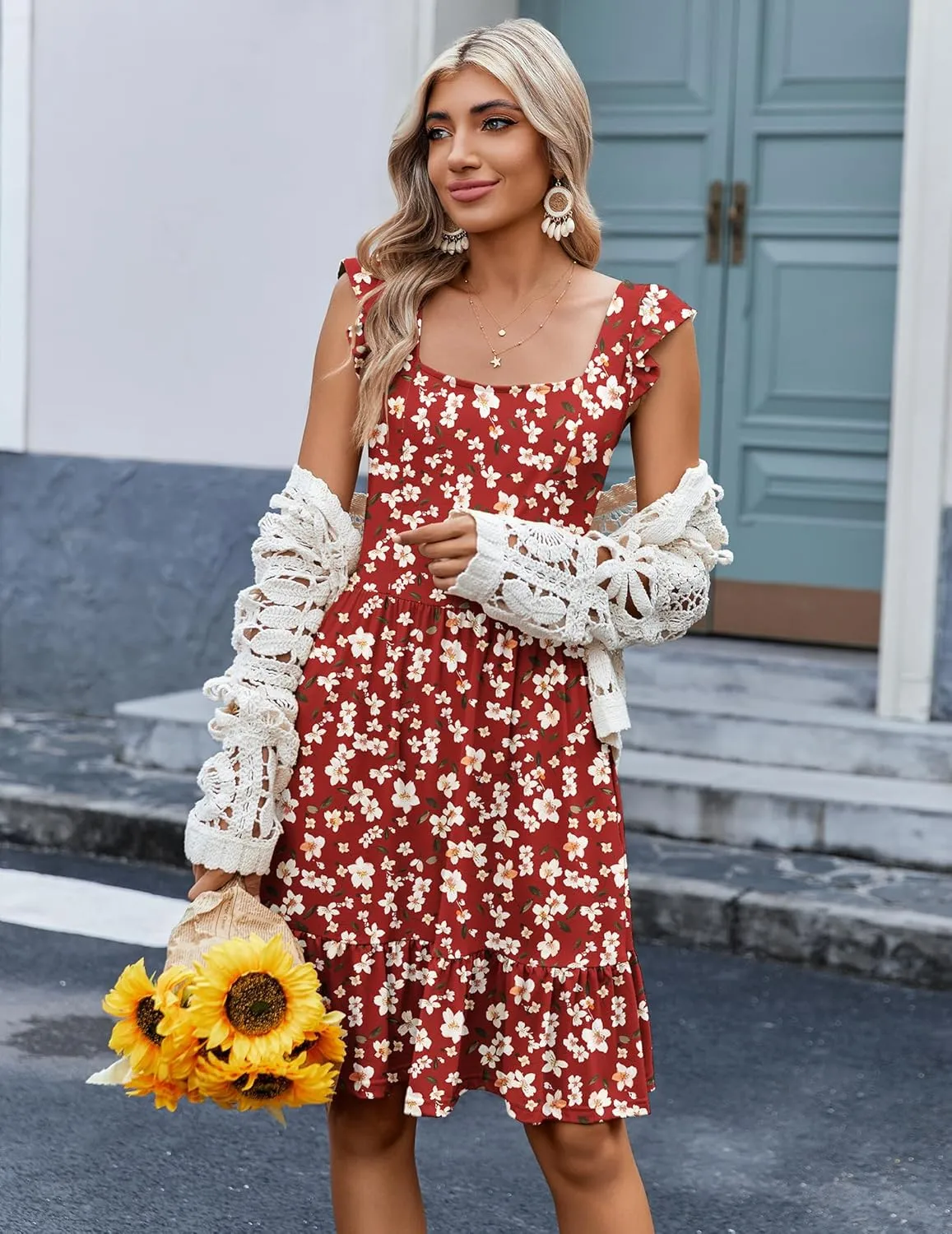 Zeagoo Boho Mini A-line Dress 2025 Womens Summer Dress Casual Ruffle Tiered Floral Square Neck Sundresses Beach with Pockets