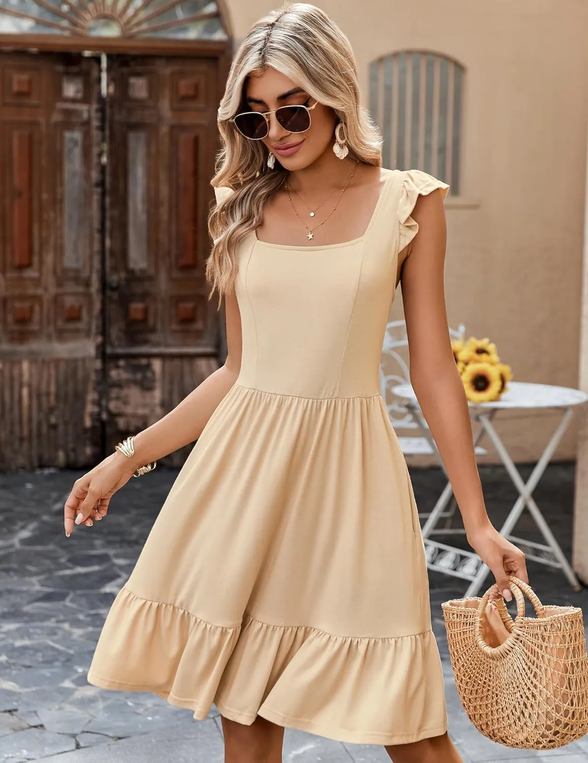 Zeagoo Boho Mini A-line Dress 2025 Womens Summer Dress Casual Ruffle Tiered Floral Square Neck Sundresses Beach with Pockets