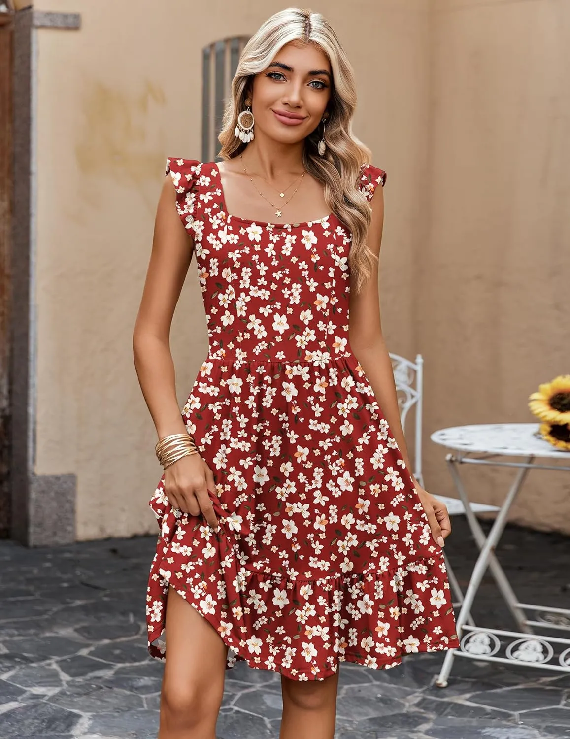 Zeagoo Boho Mini A-line Dress 2025 Womens Summer Dress Casual Ruffle Tiered Floral Square Neck Sundresses Beach with Pockets