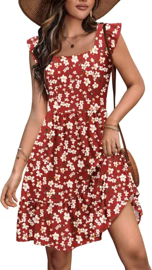 Zeagoo Boho Mini A-line Dress 2025 Womens Summer Dress Casual Ruffle Tiered Floral Square Neck Sundresses Beach with Pockets