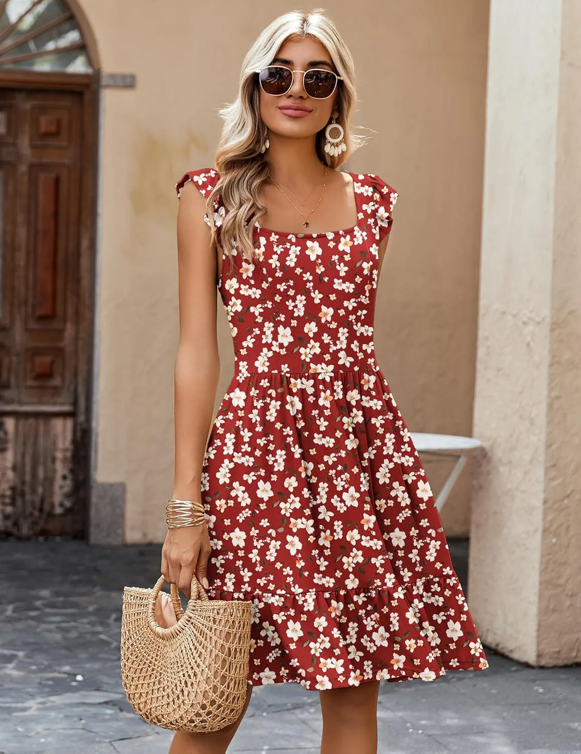 Zeagoo Boho Mini A-line Dress 2025 Womens Summer Dress Casual Ruffle Tiered Floral Square Neck Sundresses Beach with Pockets