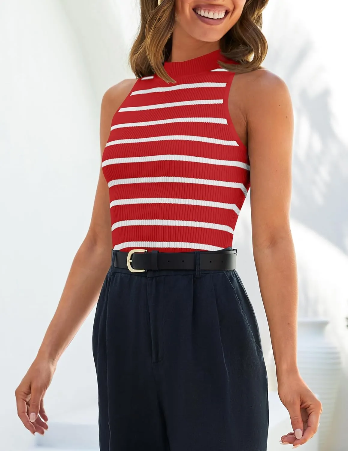 ZESICA Womens Ribbed Tank Tops High Neck Slim Fitted Striped Basic Casual Summer Sleeveless Shirts