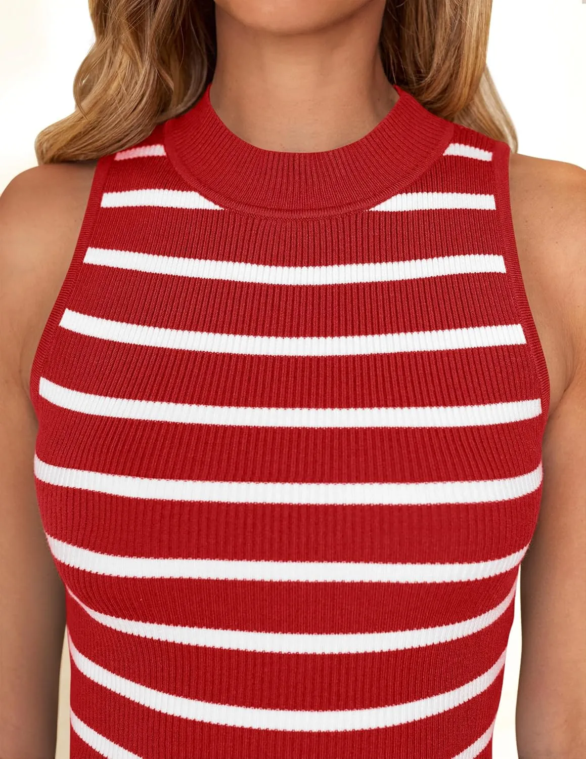 ZESICA Womens Ribbed Tank Tops High Neck Slim Fitted Striped Basic Casual Summer Sleeveless Shirts