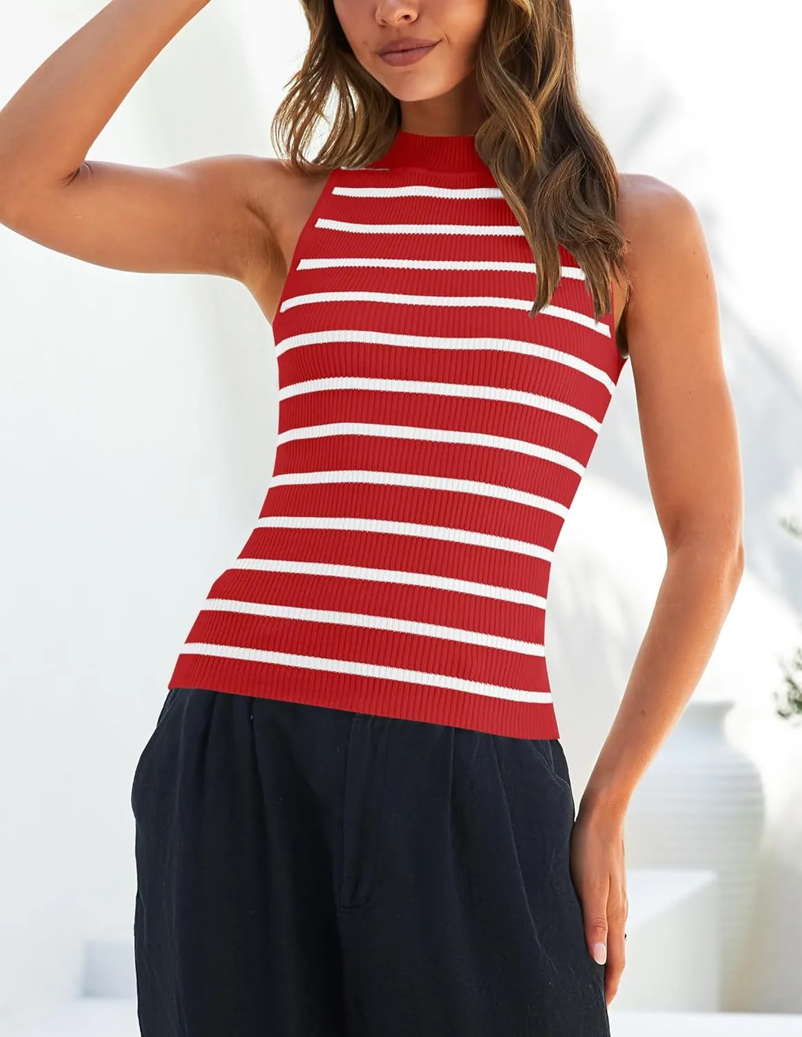 ZESICA Womens Ribbed Tank Tops High Neck Slim Fitted Striped Basic Casual Summer Sleeveless Shirts