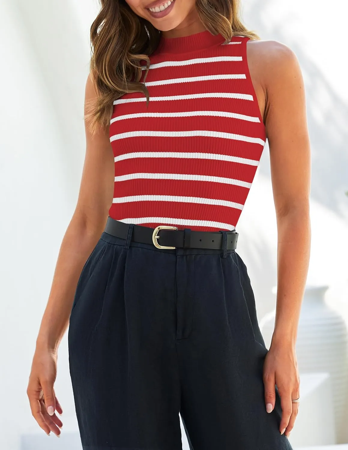 ZESICA Womens Ribbed Tank Tops High Neck Slim Fitted Striped Basic Casual Summer Sleeveless Shirts