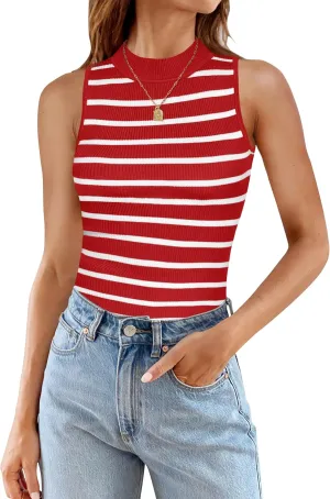 ZESICA Womens Ribbed Tank Tops High Neck Slim Fitted Striped Basic Casual Summer Sleeveless Shirts