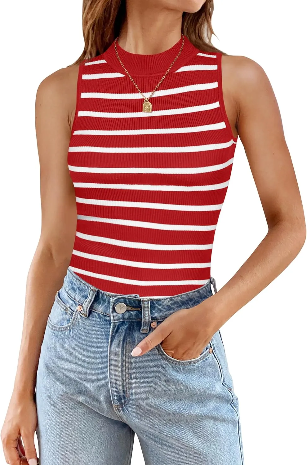 ZESICA Womens Ribbed Tank Tops High Neck Slim Fitted Striped Basic Casual Summer Sleeveless Shirts