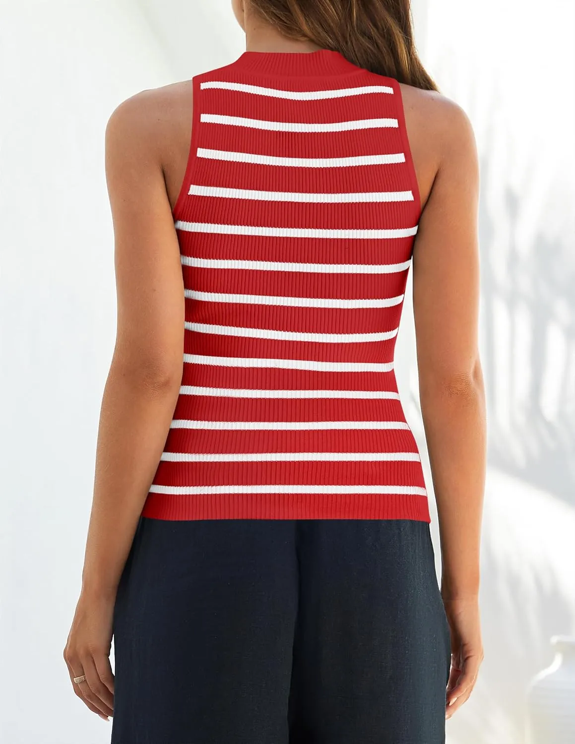 ZESICA Womens Ribbed Tank Tops High Neck Slim Fitted Striped Basic Casual Summer Sleeveless Shirts