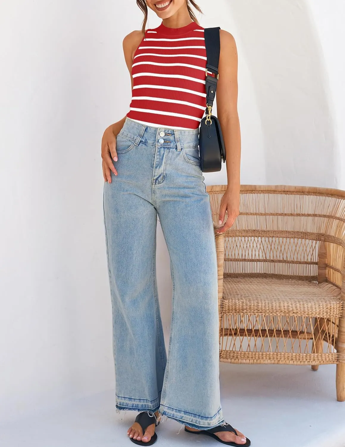 ZESICA Womens Ribbed Tank Tops High Neck Slim Fitted Striped Basic Casual Summer Sleeveless Shirts