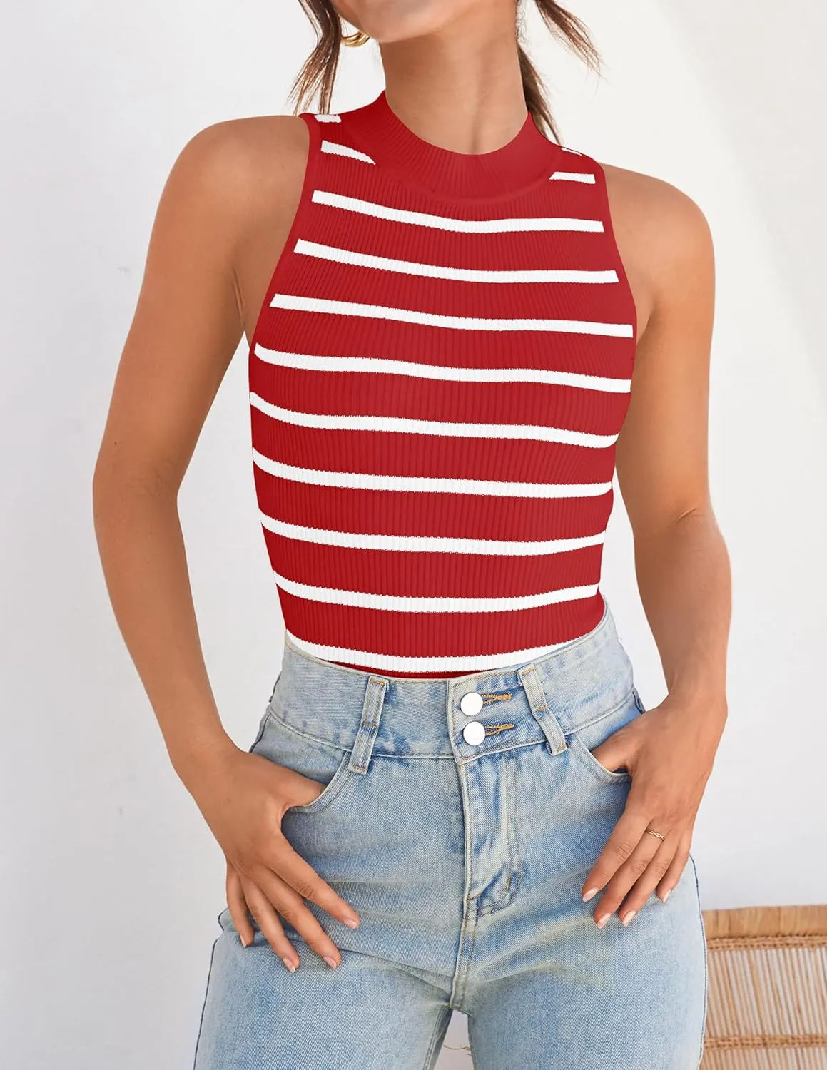 ZESICA Womens Ribbed Tank Tops High Neck Slim Fitted Striped Basic Casual Summer Sleeveless Shirts