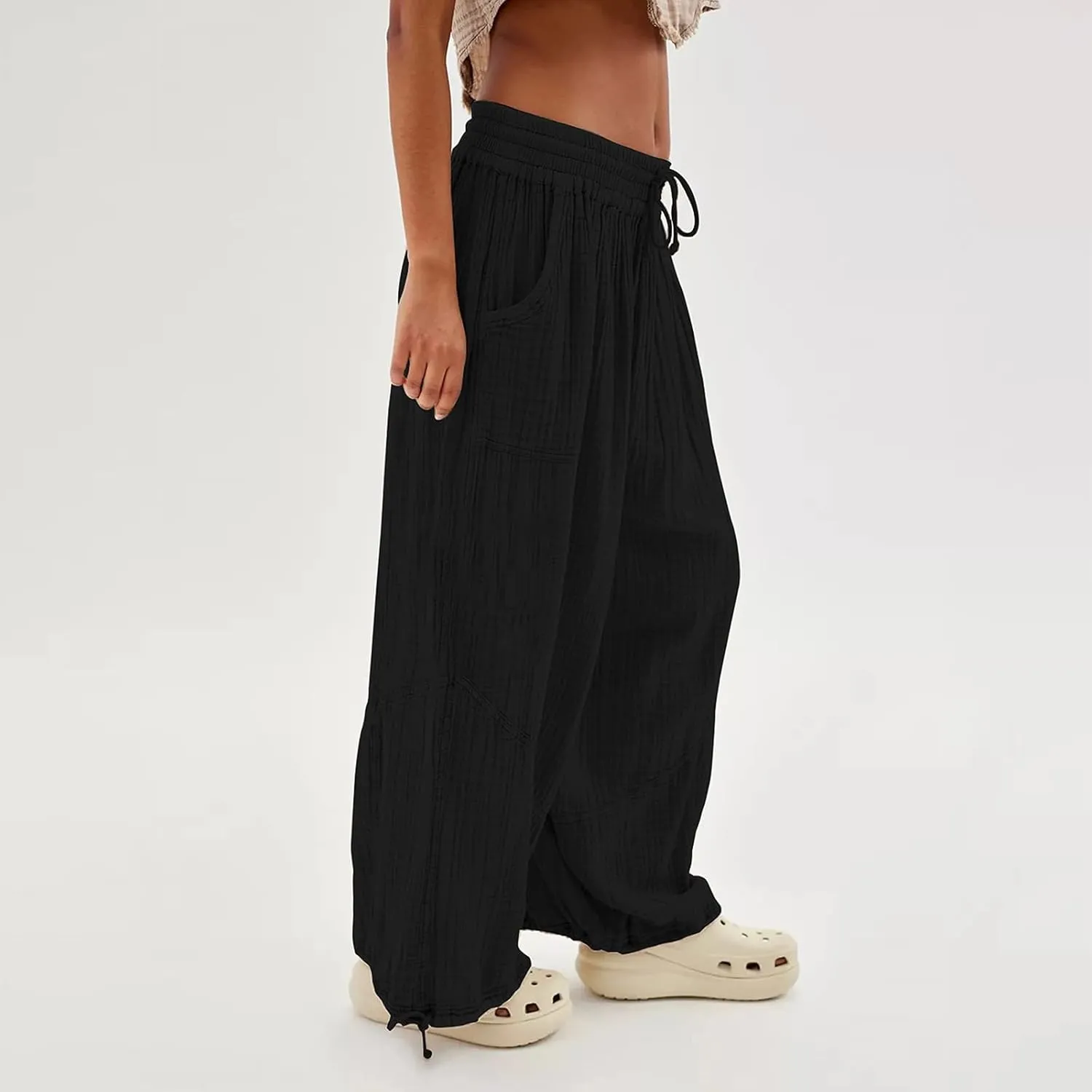 ZYXTIM Boho Pants for Women 2024 Plus Size Summer Wide Leg Smocked High Waisted Long Lounge Trousers Linen Palazzo Pants