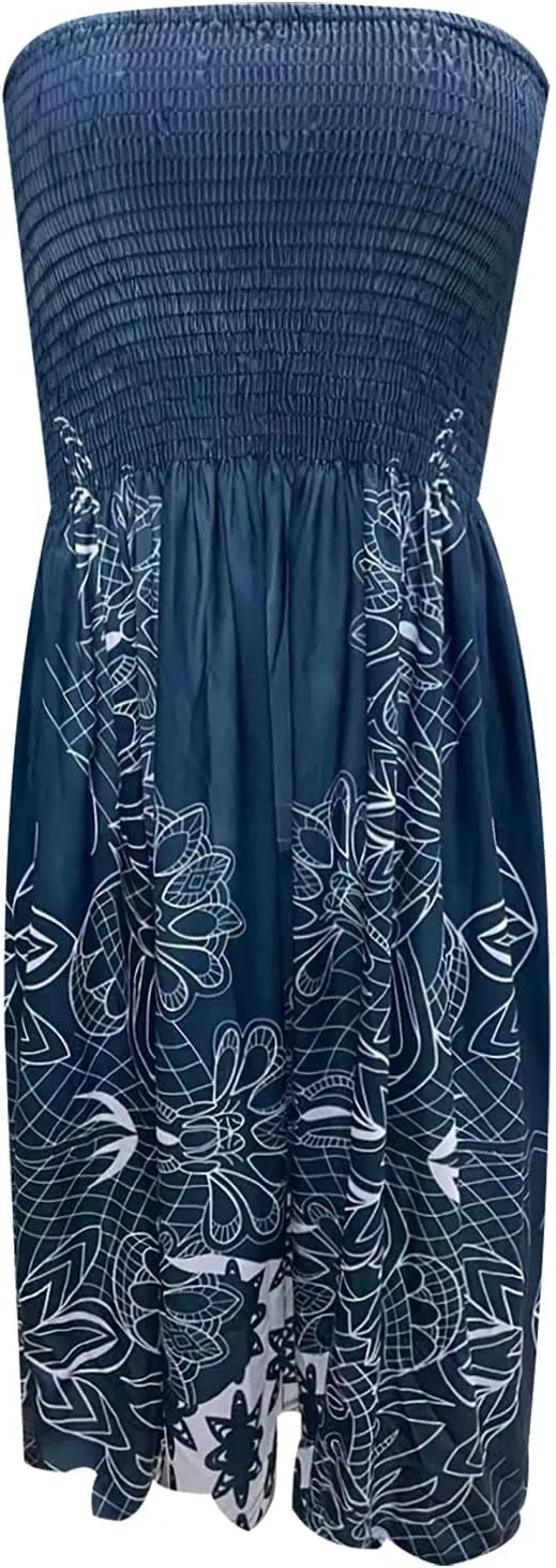 Zyyfly Tube Top Dress Women Summer Beach Coverup Stretch Smocked Strapless Dress