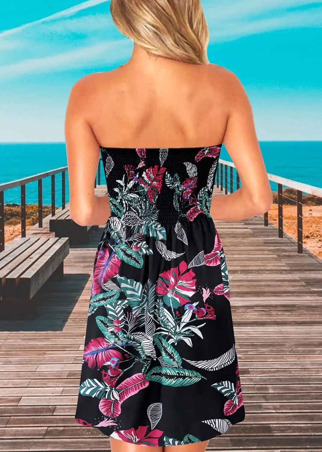 Zyyfly Tube Top Dress Women Summer Beach Coverup Stretch Smocked Strapless Dress