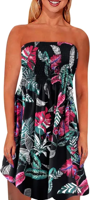 Zyyfly Tube Top Dress Women Summer Beach Coverup Stretch Smocked Strapless Dress