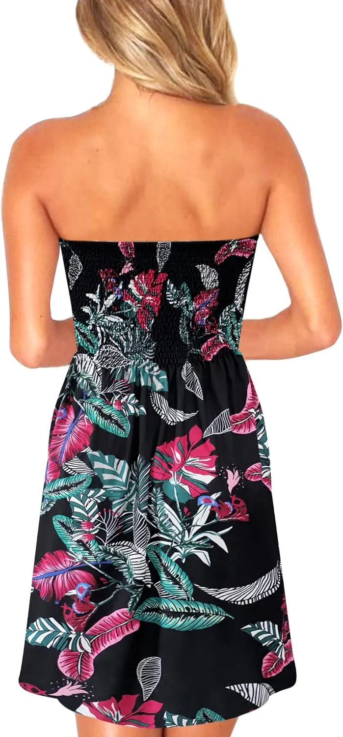 Zyyfly Tube Top Dress Women Summer Beach Coverup Stretch Smocked Strapless Dress