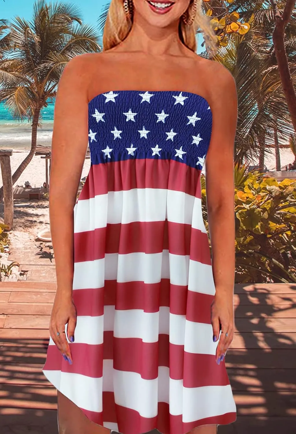 Zyyfly Tube Top Dress Women Summer Beach Coverup Stretch Smocked Strapless Dress