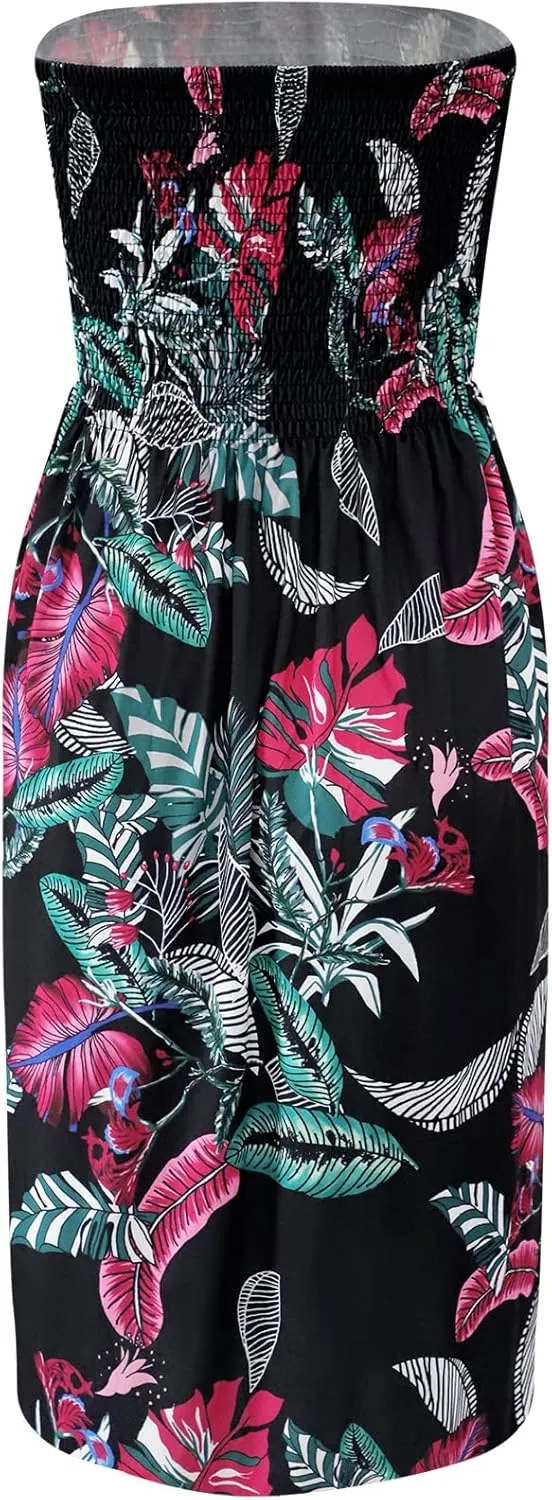 Zyyfly Tube Top Dress Women Summer Beach Coverup Stretch Smocked Strapless Dress