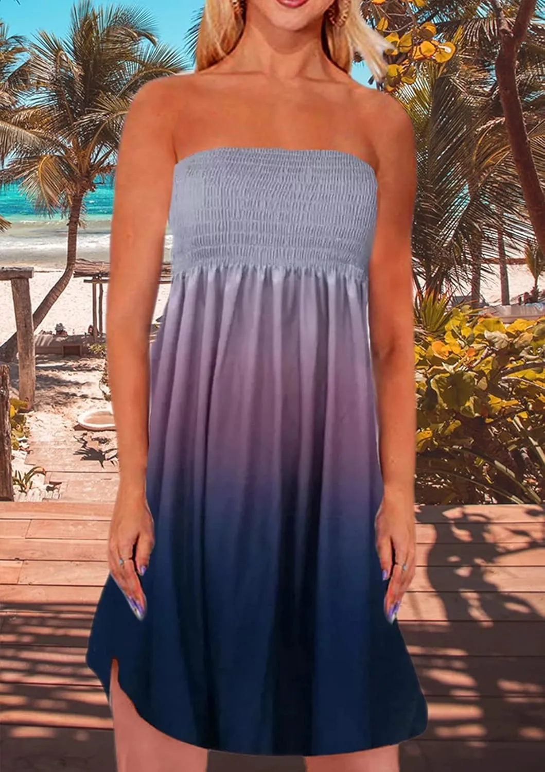 Zyyfly Tube Top Dress Women Summer Beach Coverup Stretch Smocked Strapless Dress