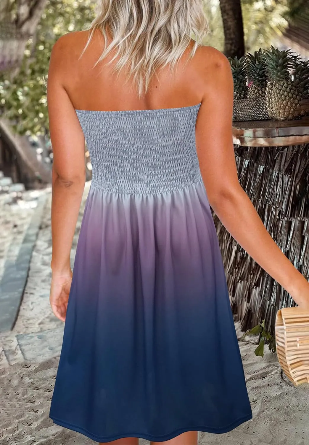 Zyyfly Tube Top Dress Women Summer Beach Coverup Stretch Smocked Strapless Dress