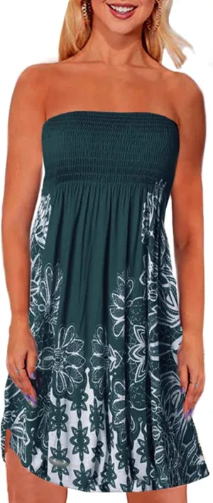Zyyfly Tube Top Dress Women Summer Beach Coverup Stretch Smocked Strapless Dress