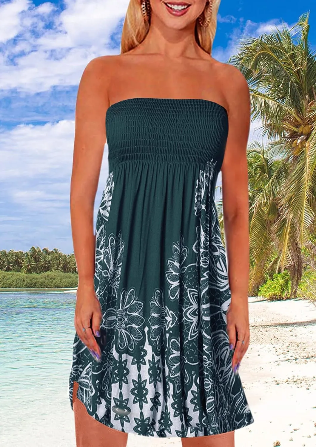 Zyyfly Tube Top Dress Women Summer Beach Coverup Stretch Smocked Strapless Dress