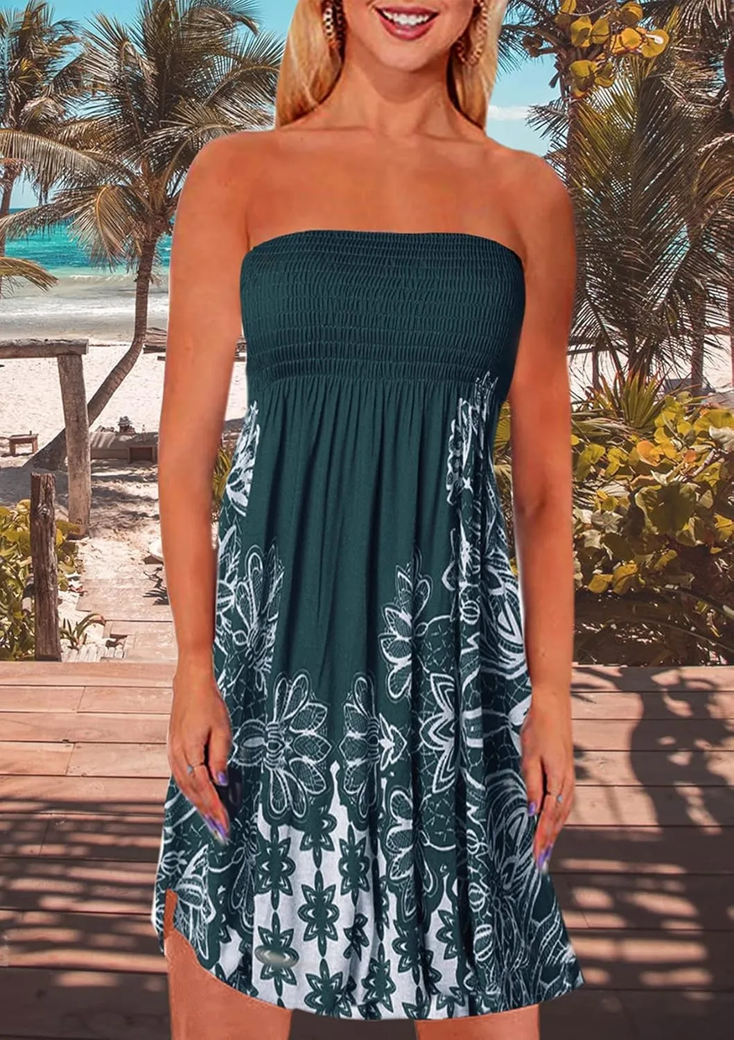 Zyyfly Tube Top Dress Women Summer Beach Coverup Stretch Smocked Strapless Dress