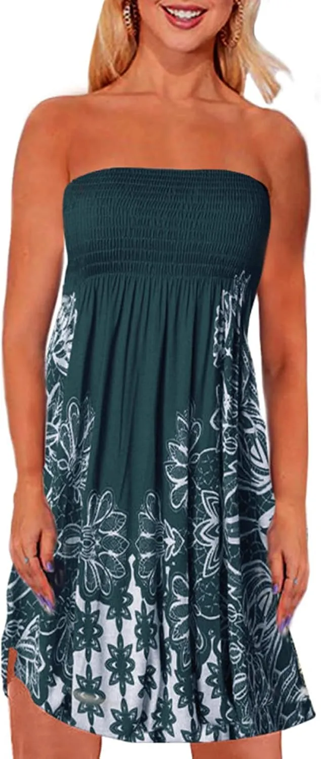 Zyyfly Tube Top Dress Women Summer Beach Coverup Stretch Smocked Strapless Dress